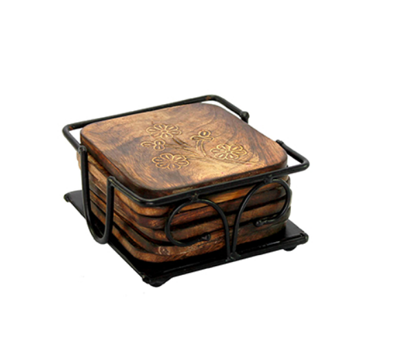 Wooden Coasters set with Rot iron Case