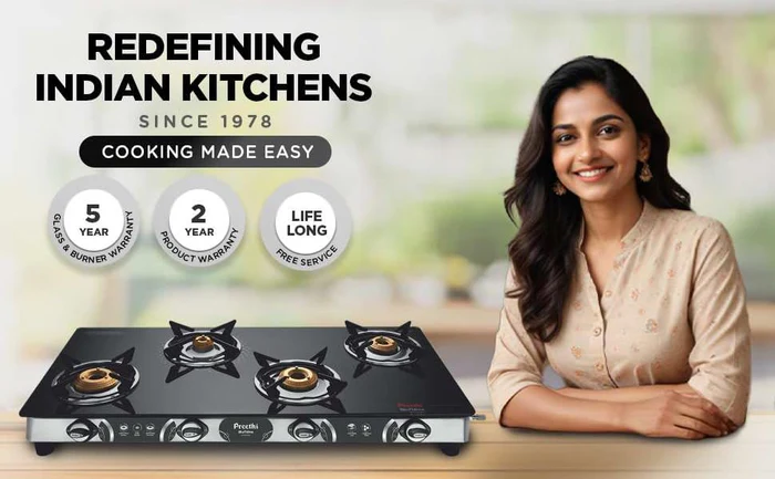 Preethi Blu-Flame Stainless Steel Jumbo Max Glass Top 4 Burner Gas Stove
